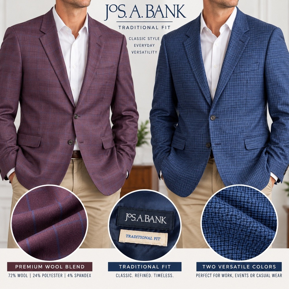 2 Pack Jos A Bank Traditional Fit Men 50 Blue Wool Stretch 2-Button Sport Coat